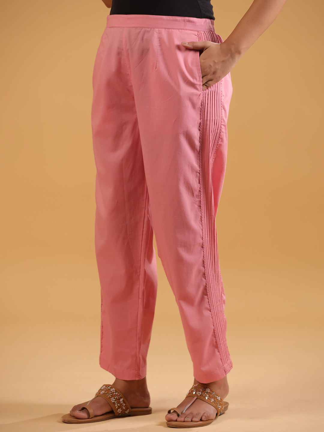 Pink Cotton Solid Pintuck Detailed Straight Pant