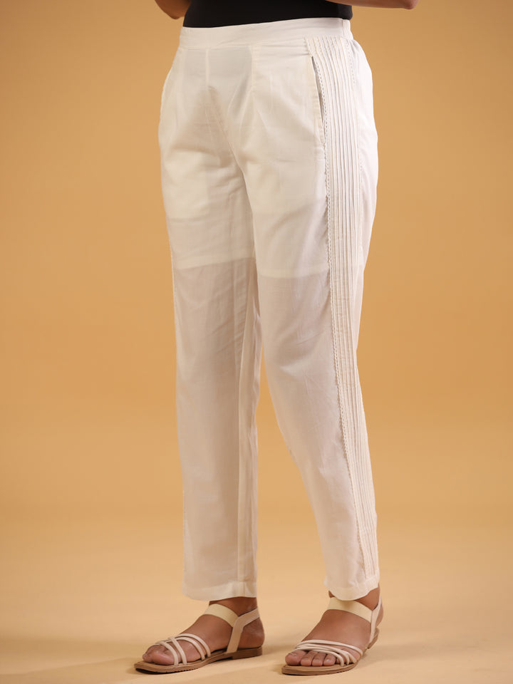 White Cotton Solid Pintuck Detailed Straight Pant