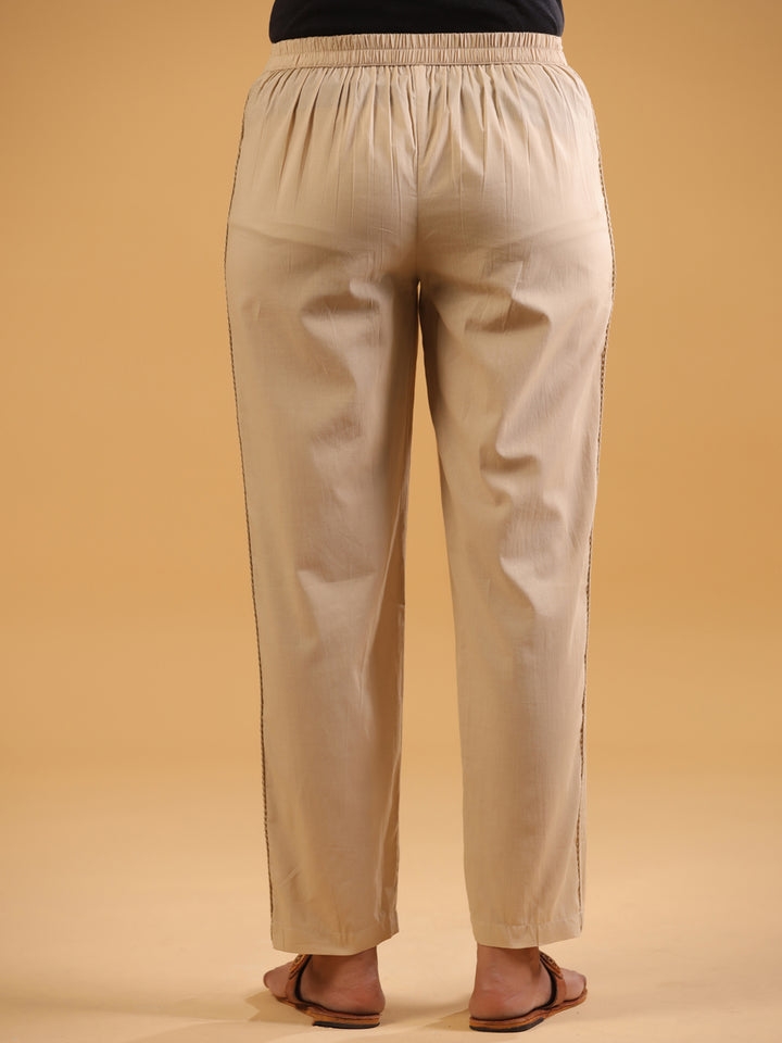 Beige Cotton Solid Pintuck Detailed Straight Pant