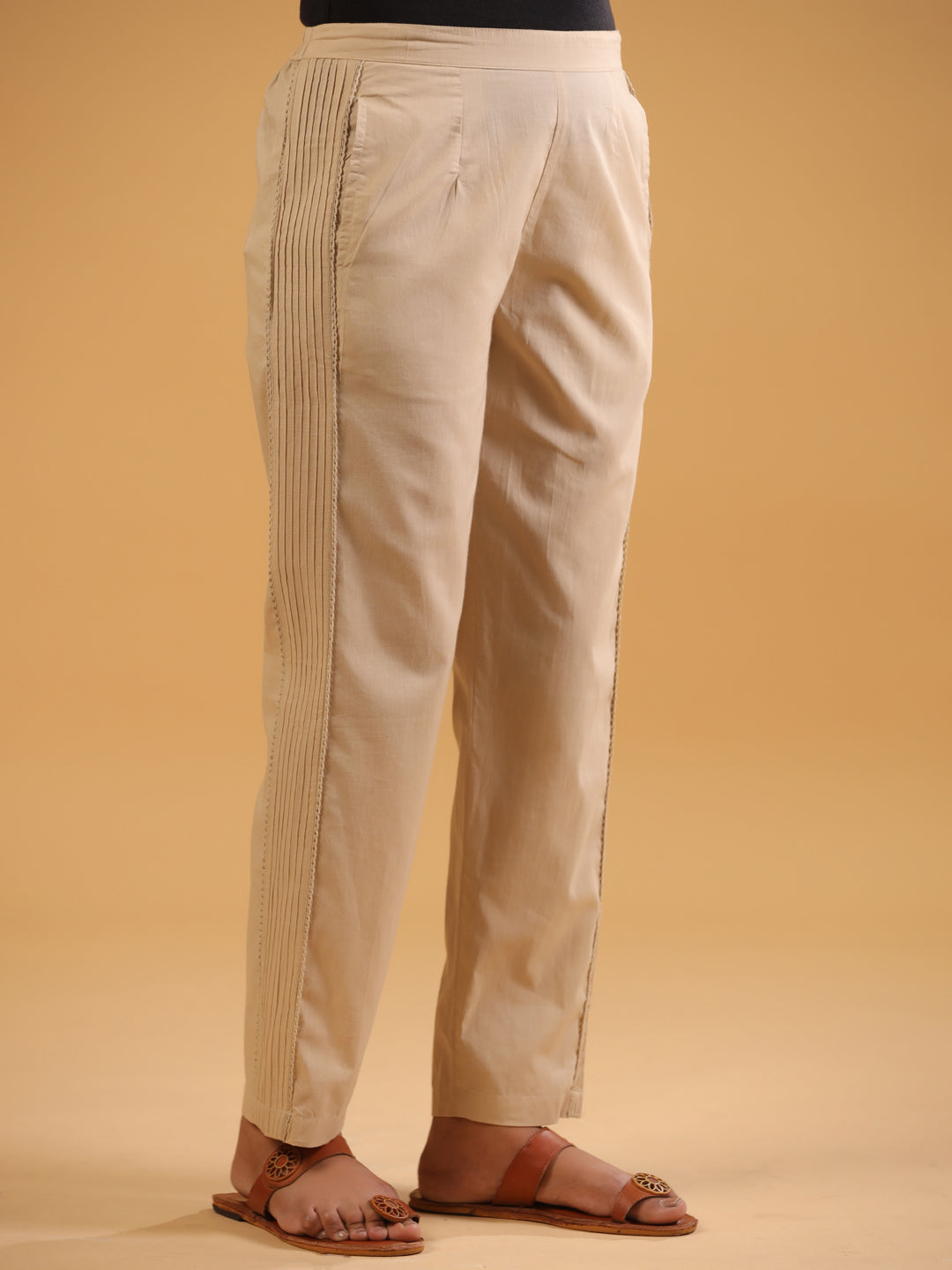 Beige Cotton Solid Pintuck Detailed Straight Pant