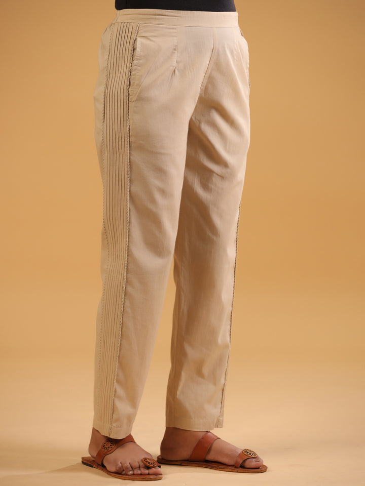 Beige Cotton Solid Pintuck Detailed Straight Pant