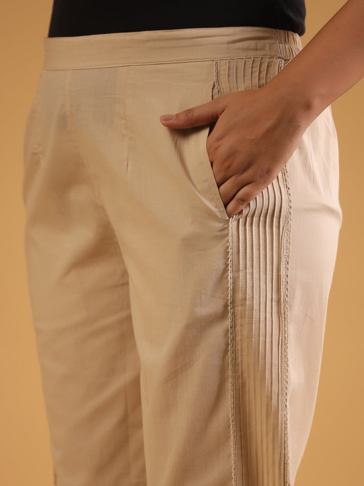Beige Cotton Solid Pintuck Detailed Straight Pant