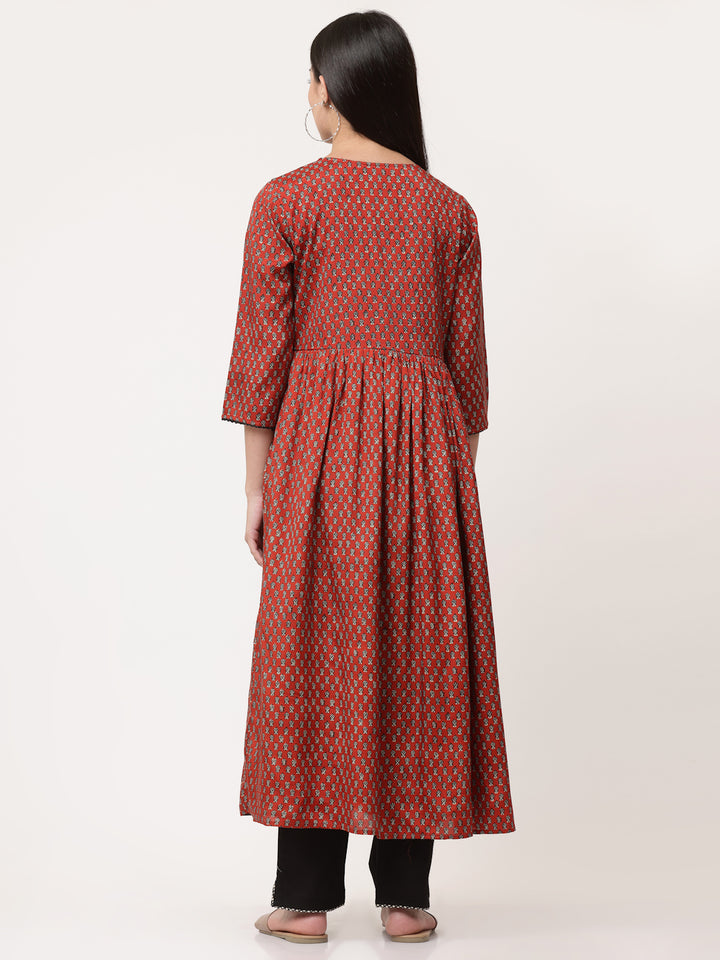 Red Embellished Bagru Printed A-Line Kurta Dress