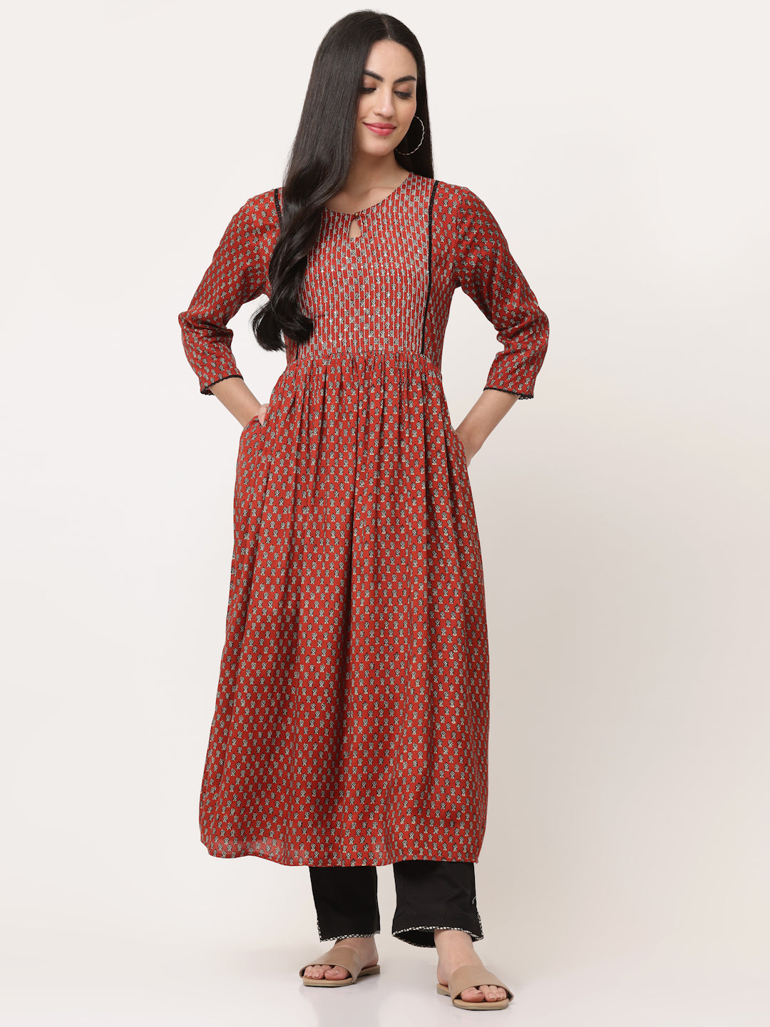 Red Embellished Bagru Printed A-Line Kurta Dress