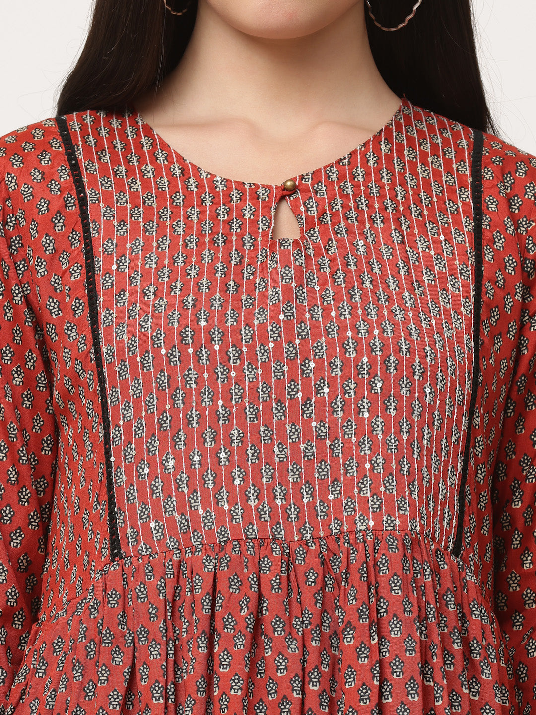 Red Embellished Bagru Printed A-Line Kurta Dress