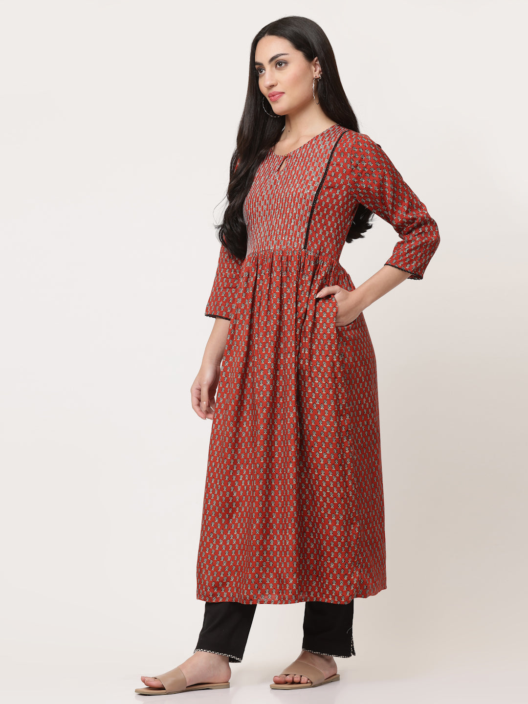 Red Embellished Bagru Printed A-Line Kurta Dress