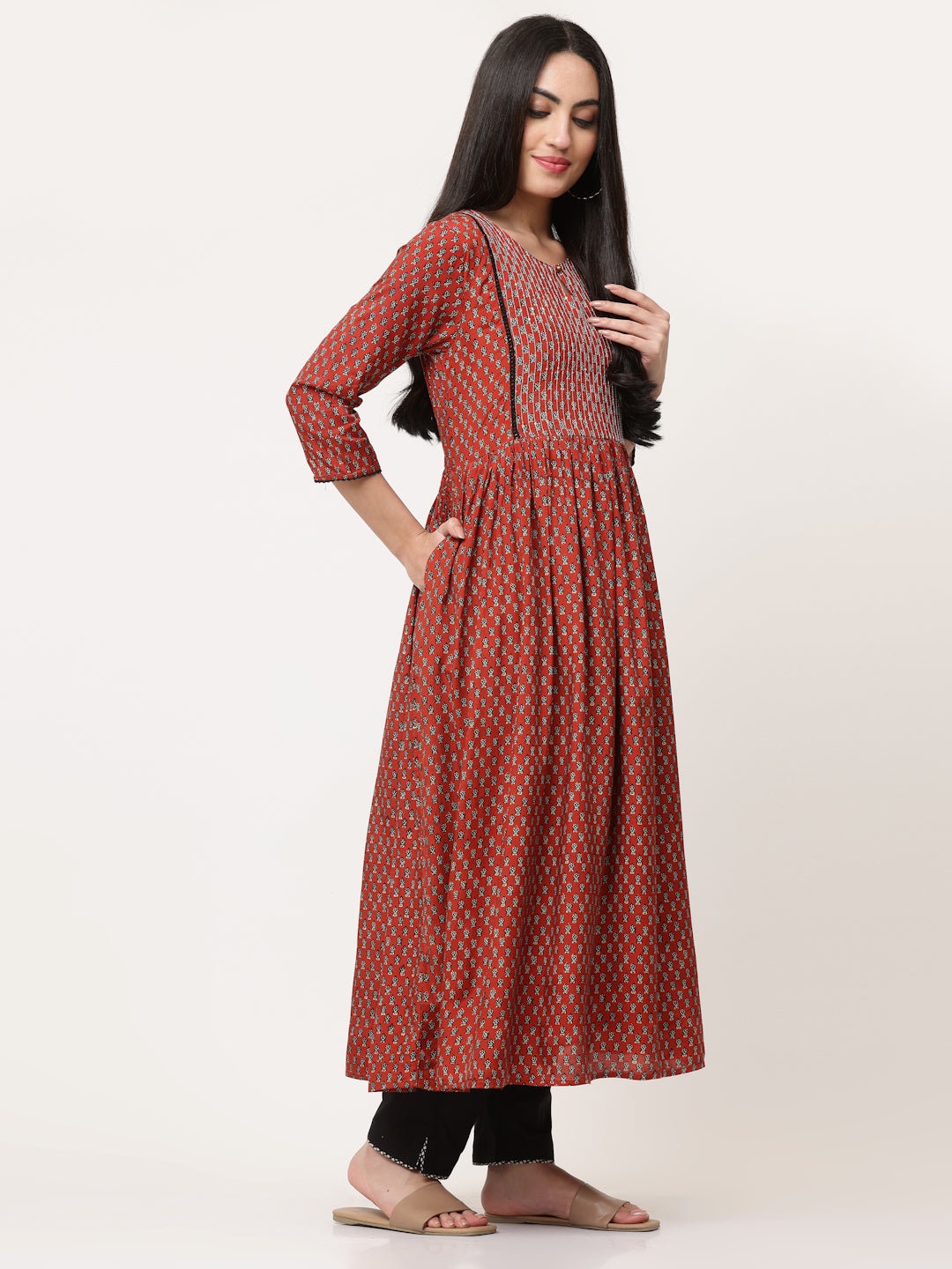Red Embellished Bagru Printed A-Line Kurta Dress