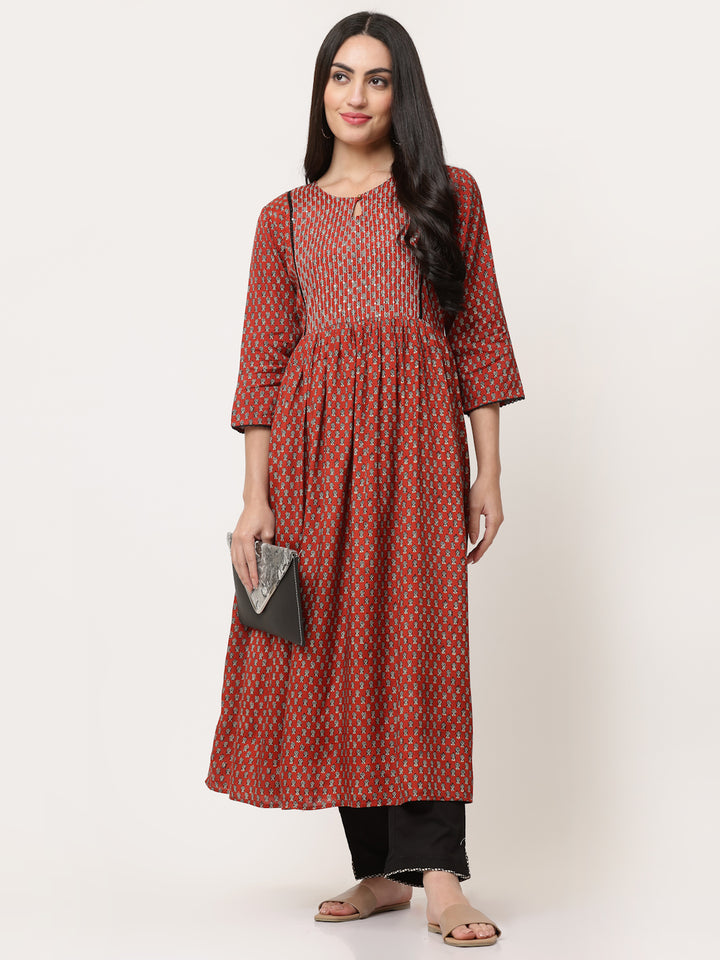 Red Embellished Bagru Printed A-Line Kurta Dress