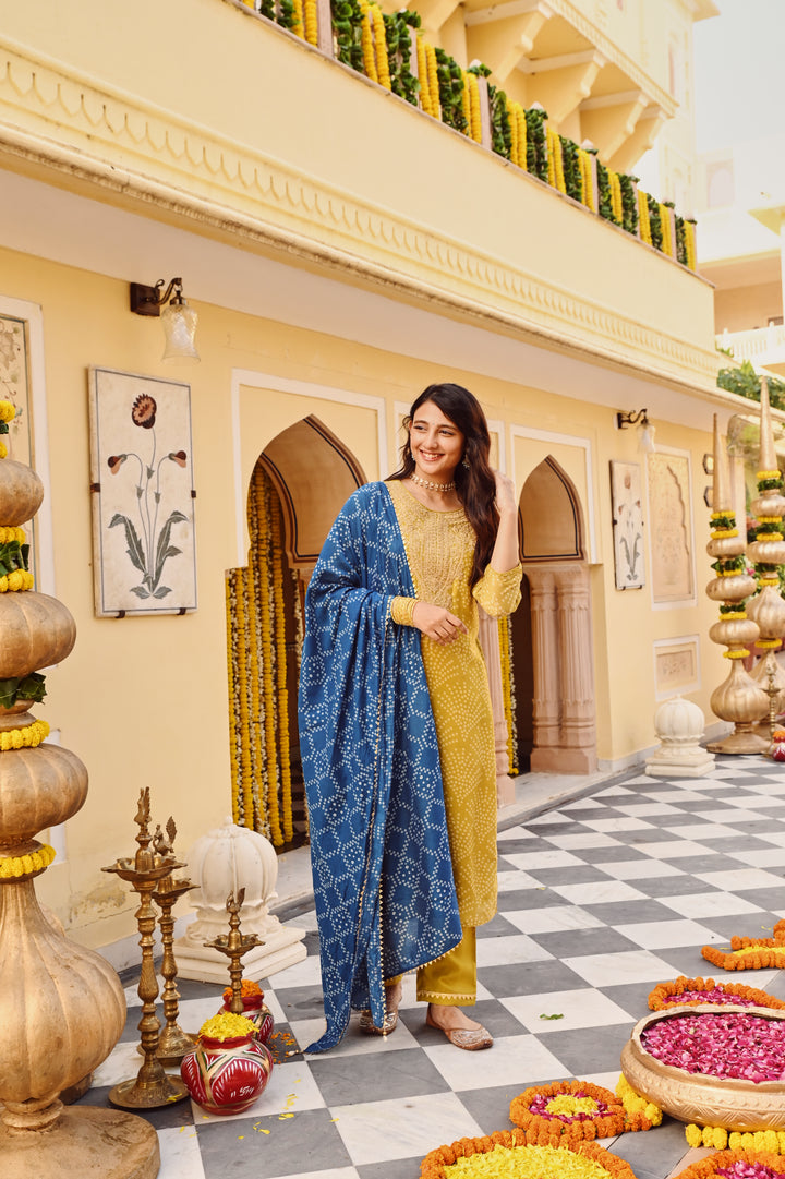 Lime Green Chanderi Embroidered Kurta Set With Dupatta