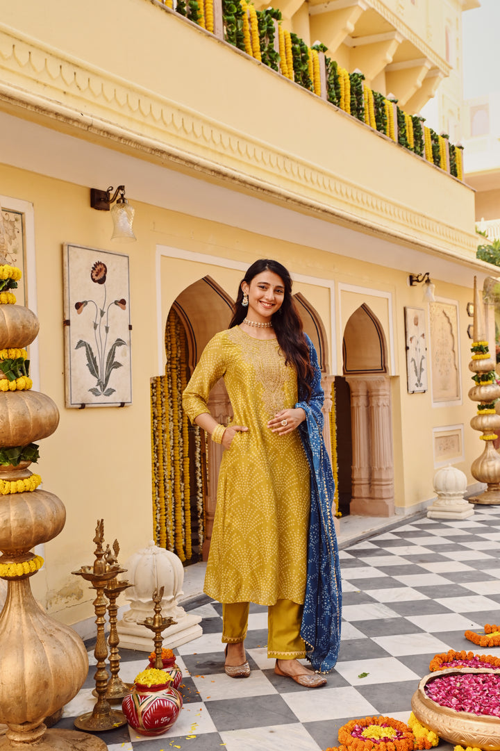 Lime Green Chanderi Embroidered Kurta Set With Dupatta