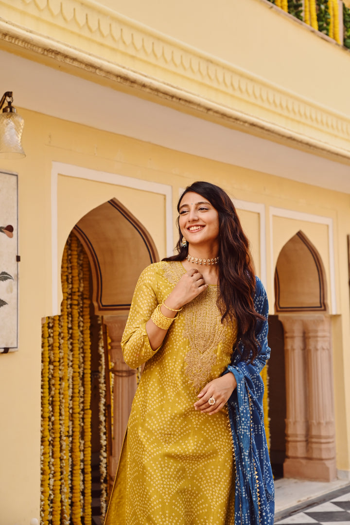Lime Green Chanderi Embroidered Kurta Set With Dupatta