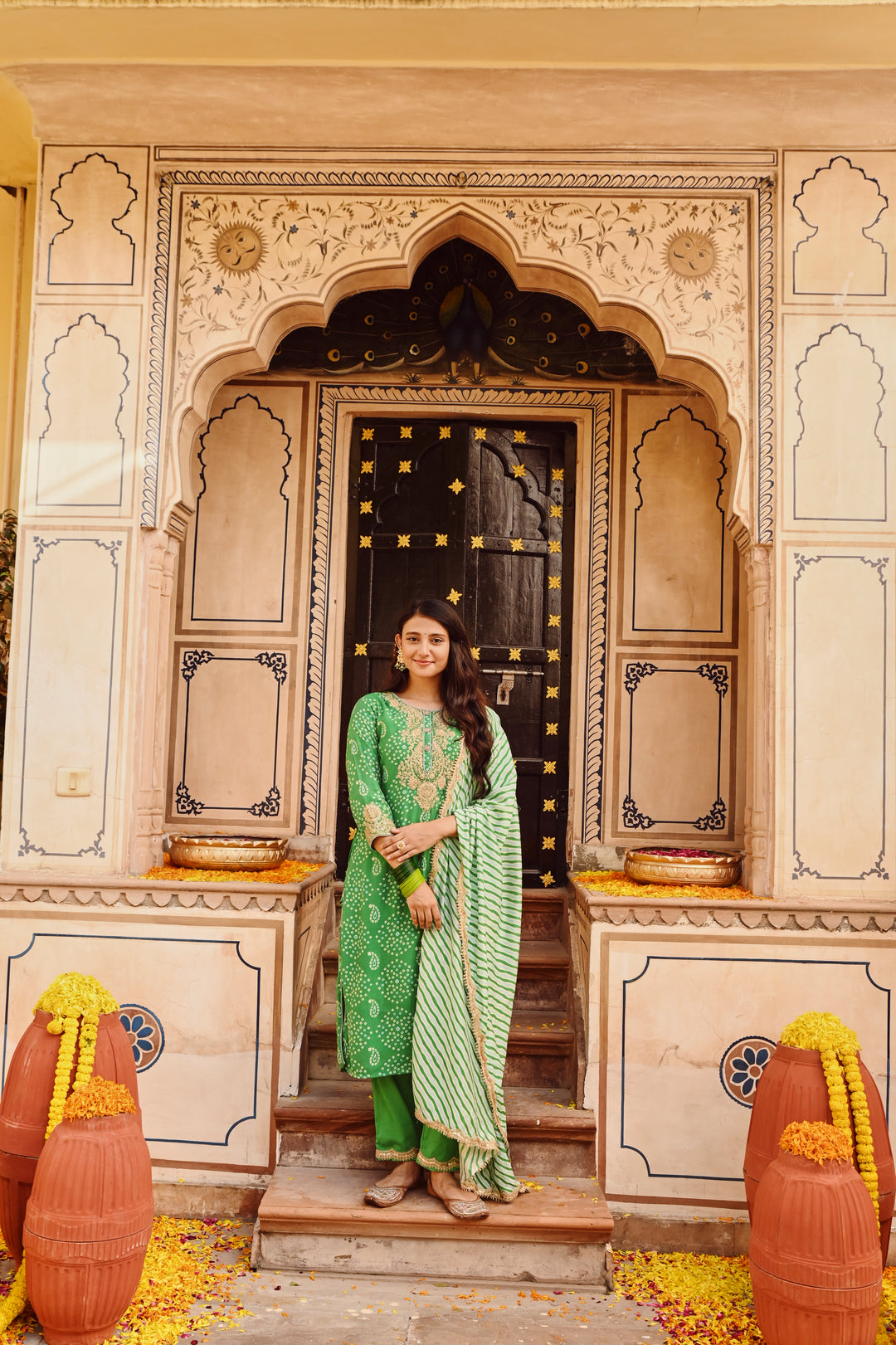 Green Chanderi Embroidered Kurta Pant Set With Dupatta