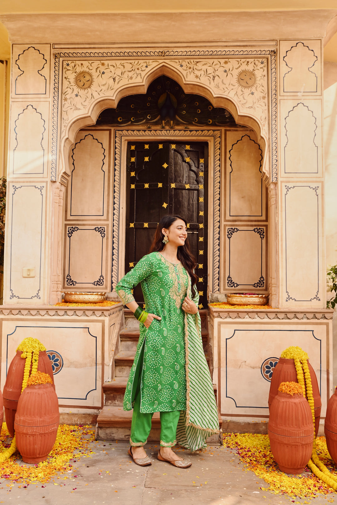 Green Chanderi Embroidered Kurta Pant Set With Dupatta