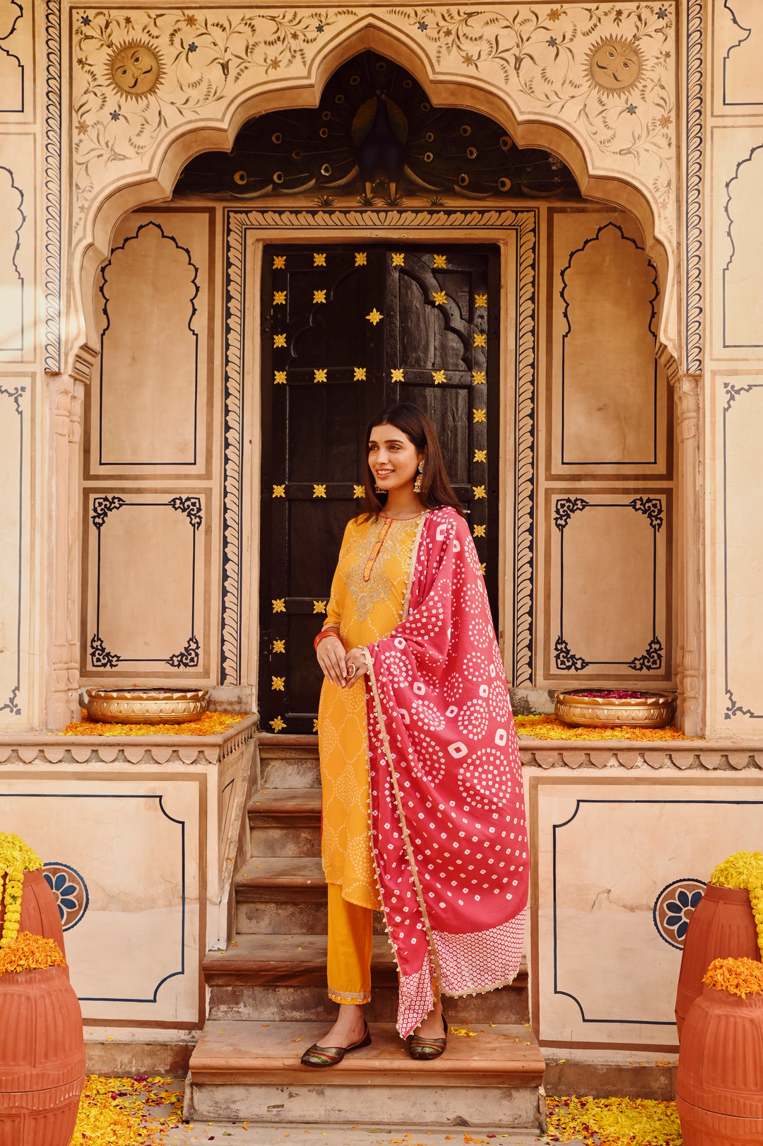 Yellow Chanderi Embroidered Kurta Set With Dupatta