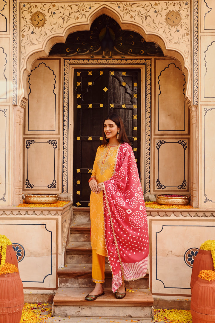 Yellow Chanderi Embroidered Kurta Set With Dupatta