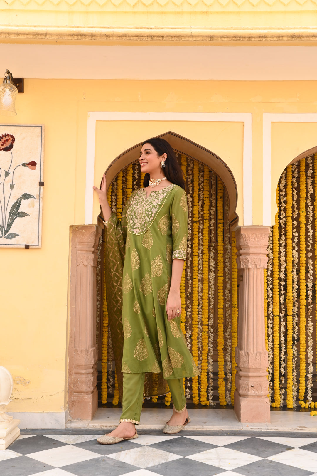 Olive Green Chanderi Gold Print A-Line Kurta Set with Dupatta
