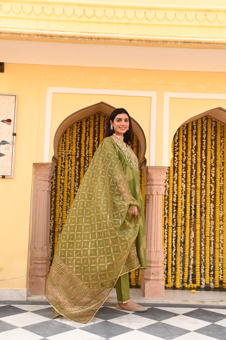 Olive Green Chanderi Gold Print A-Line Kurta Set with Dupatta