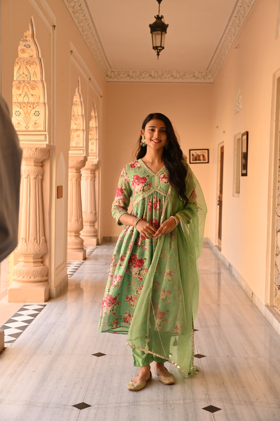 Mint Green Chanderi Gathered Kurta Pant Set With Dupatta