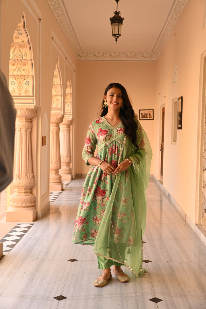 Mint Green Chanderi Gathered Kurta Pant Set With Dupatta