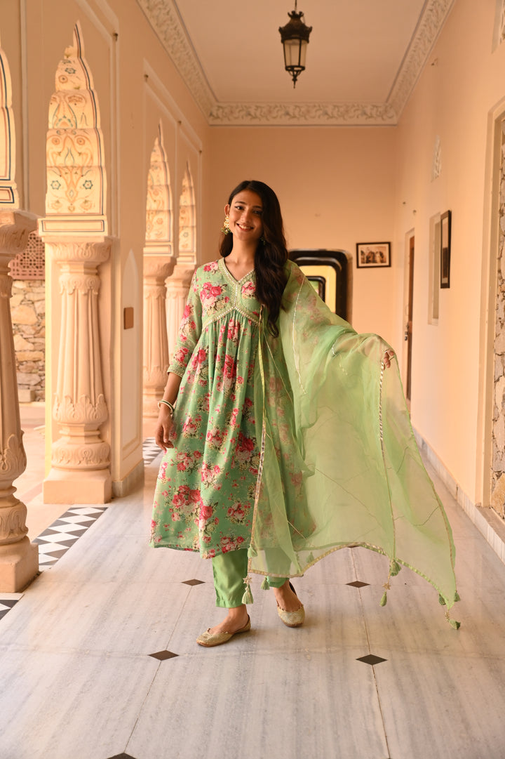 Mint Green Chanderi Gathered Kurta Pant Set With Dupatta