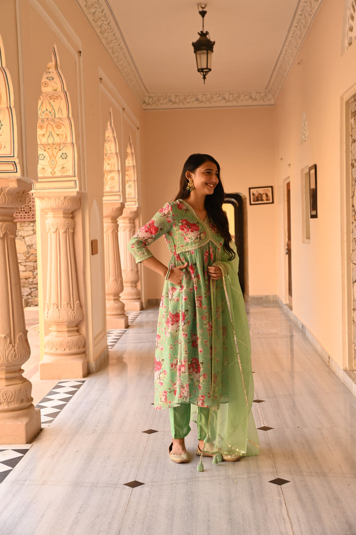 Mint Green Chanderi Gathered Kurta Pant Set With Dupatta