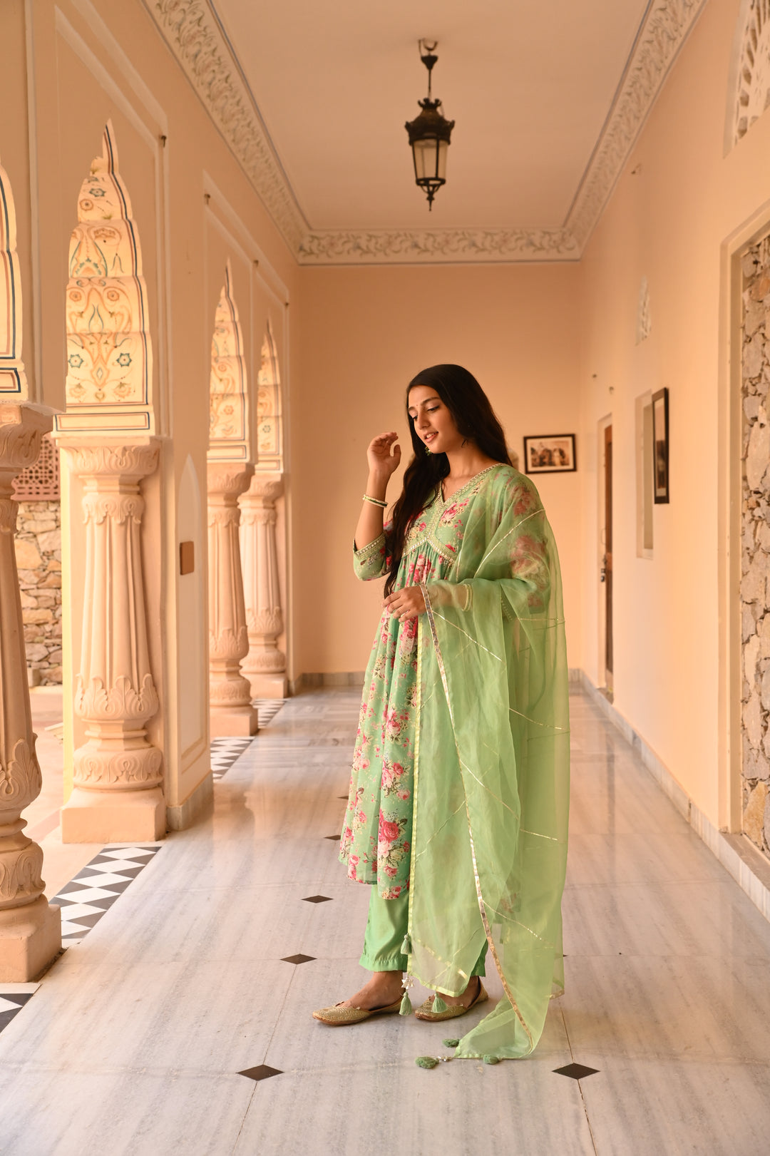 Mint Green Chanderi Gathered Kurta Pant Set With Dupatta