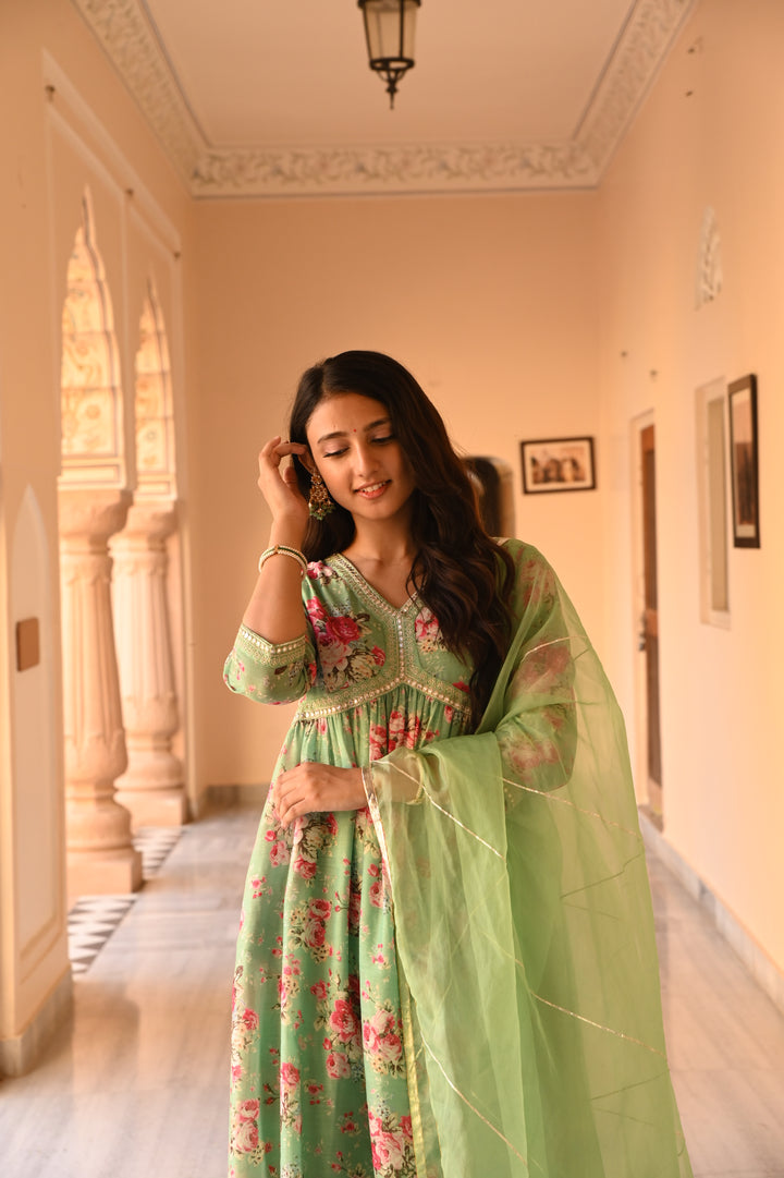 Mint Green Chanderi Gathered Kurta Pant Set With Dupatta