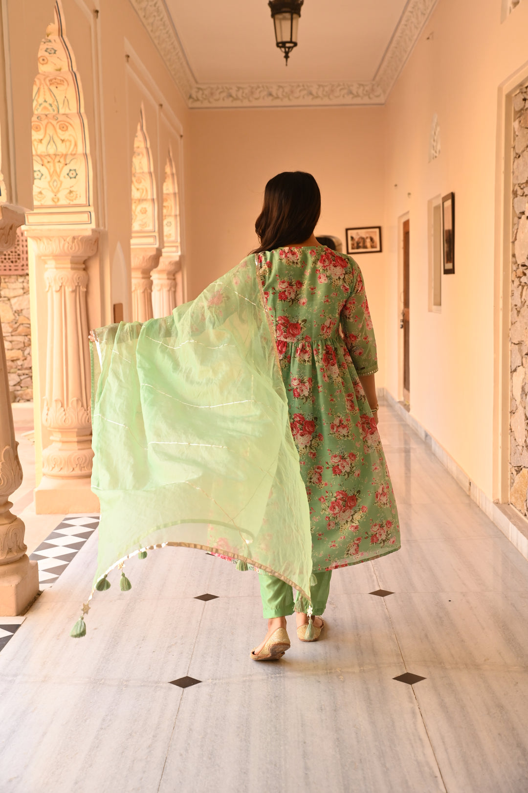 Mint Green Chanderi Gathered Kurta Pant Set With Dupatta