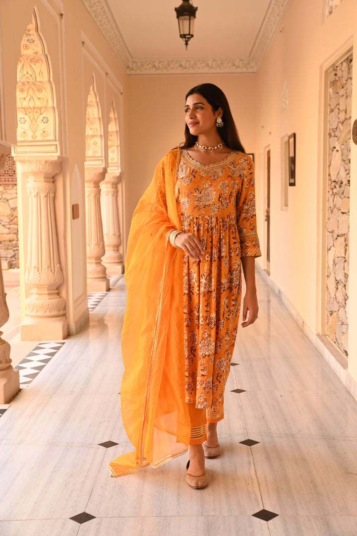 Yellow Embroidered Gathered Kurta Pant Set With Dupatta