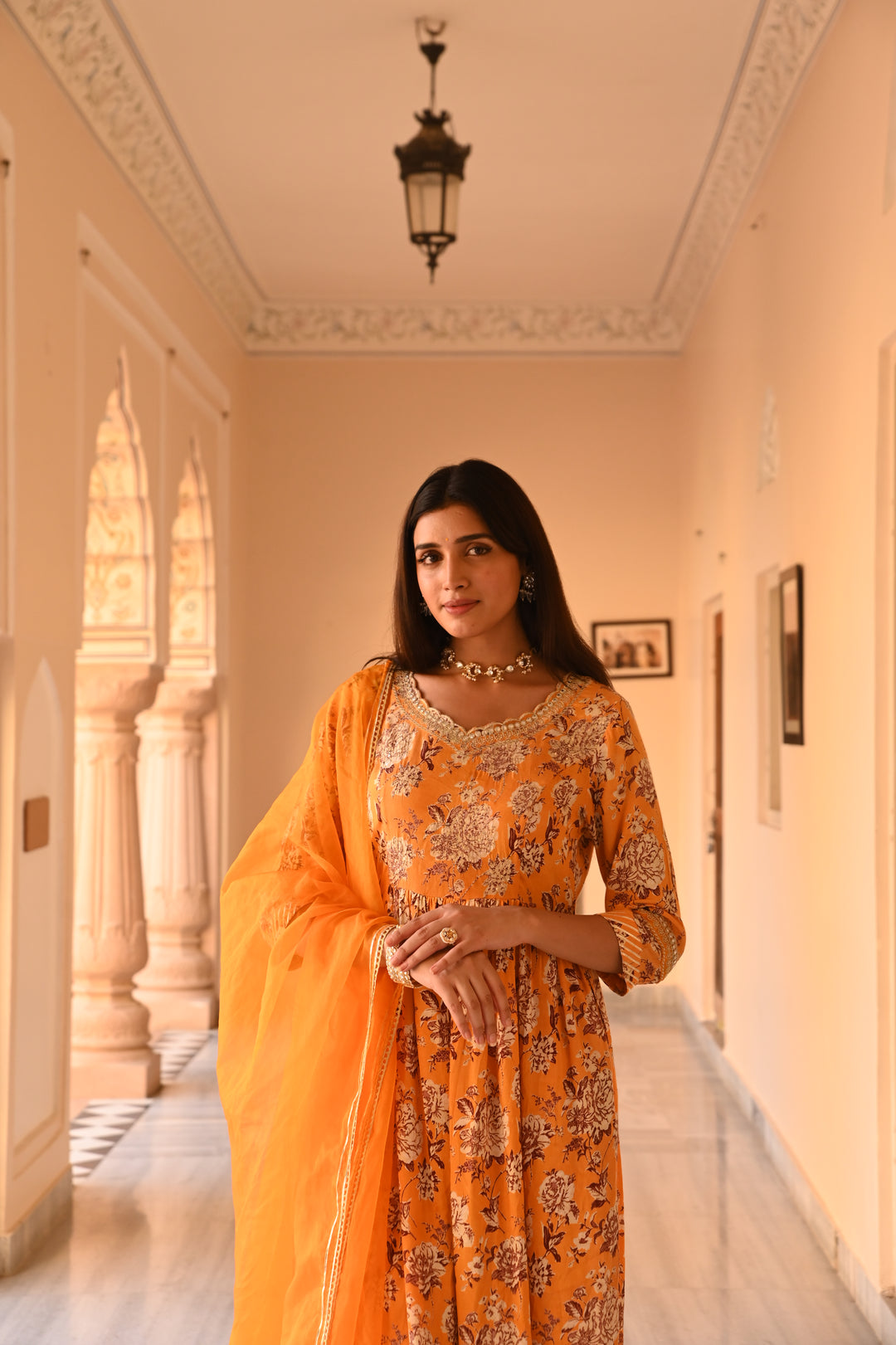 Yellow Embroidered Gathered Kurta Pant Set With Dupatta