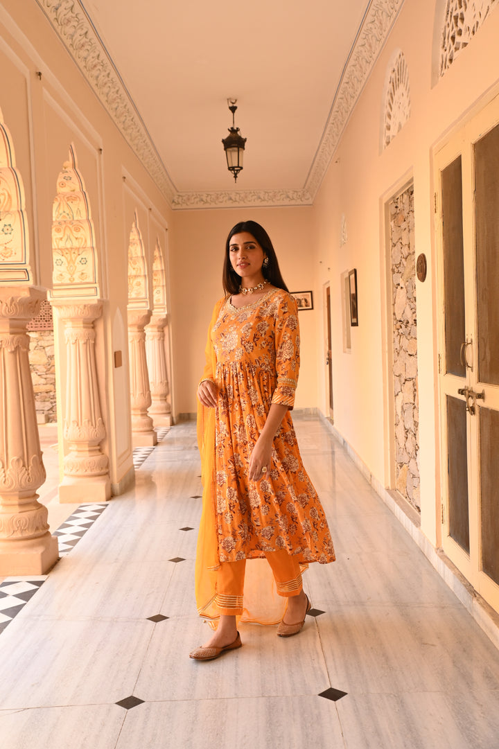 Yellow Embroidered Gathered Kurta Pant Set With Dupatta
