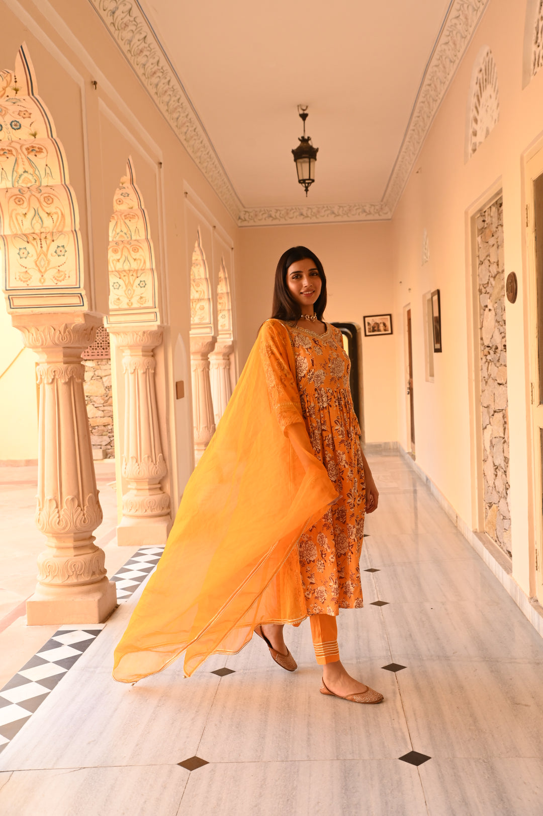 Yellow Embroidered Gathered Kurta Pant Set With Dupatta