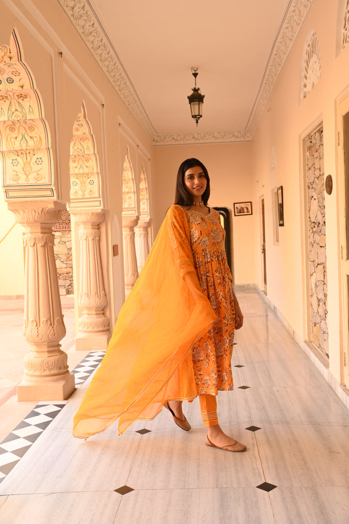 Yellow Embroidered Gathered Kurta Pant Set With Dupatta
