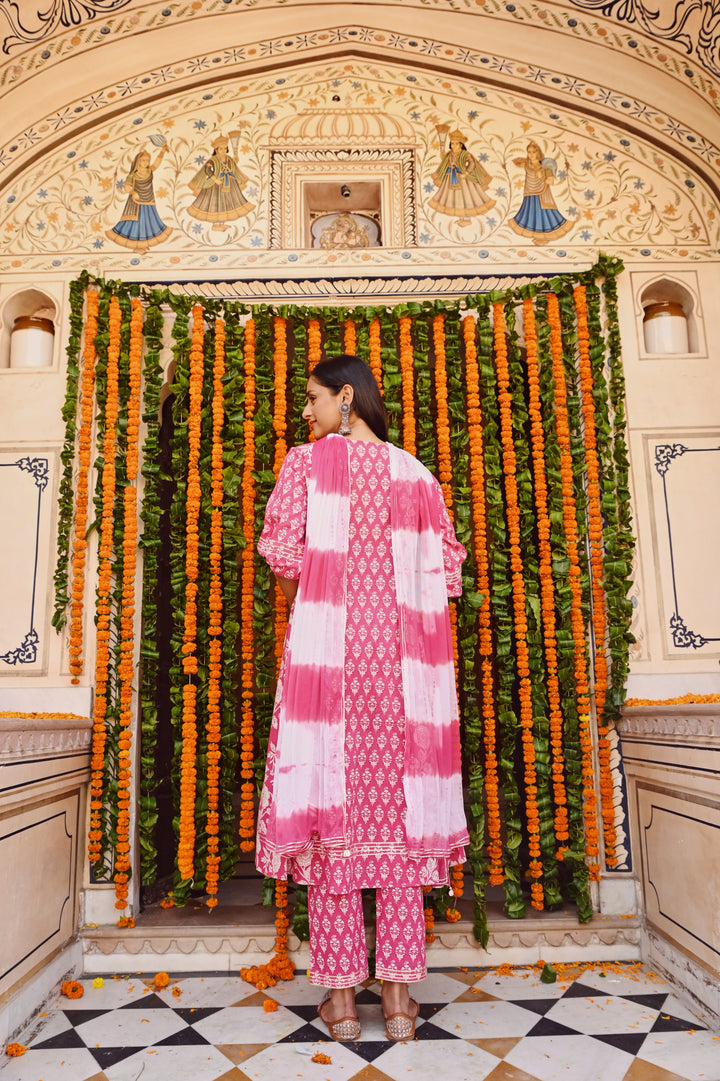 Pink Cotton Embroidered A Line Suit Set