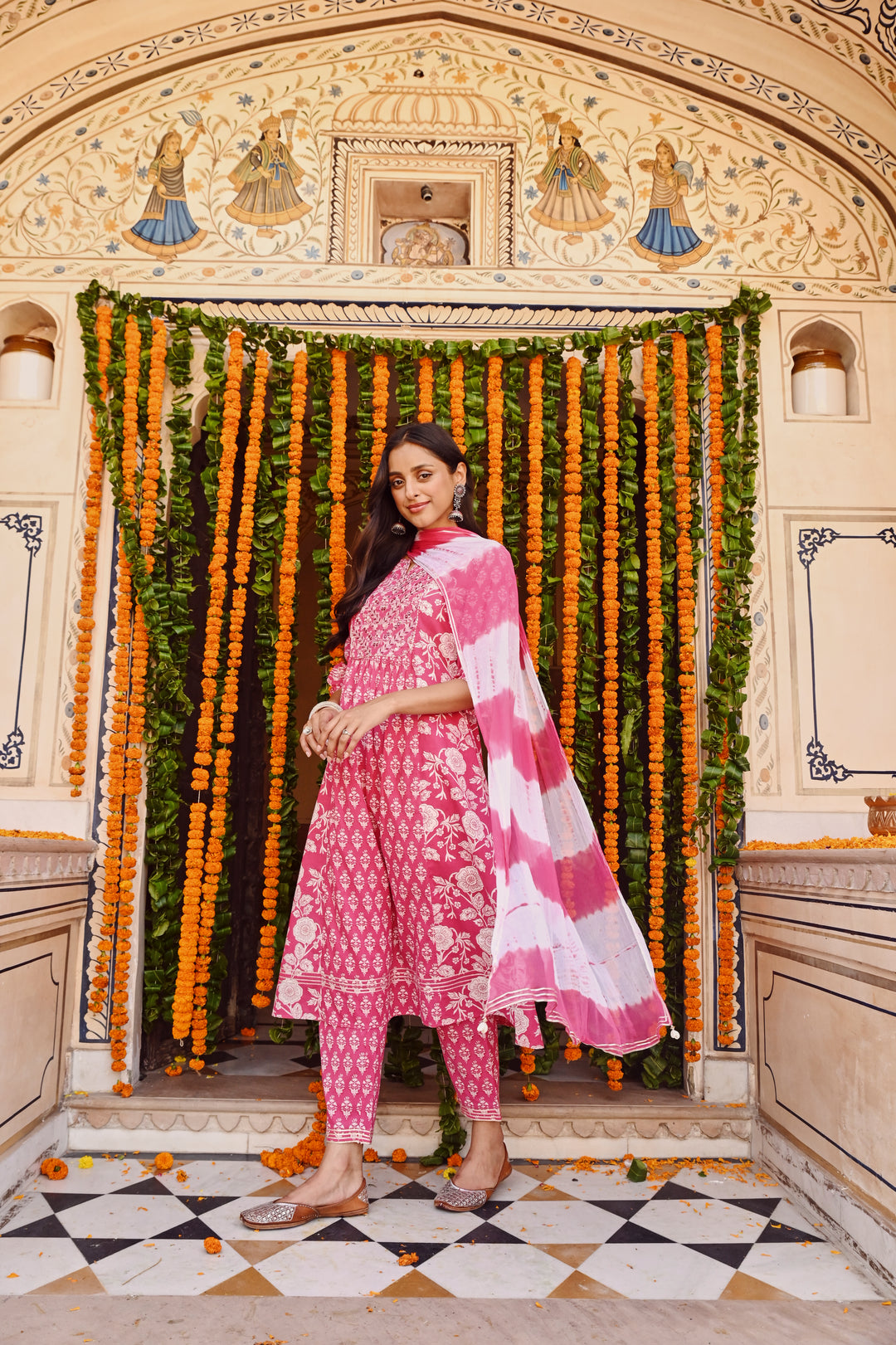 Pink Cotton Embroidered A Line Suit Set