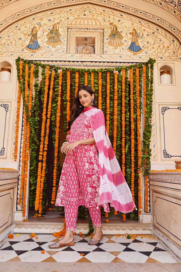 Pink Cotton Embroidered A Line Suit Set