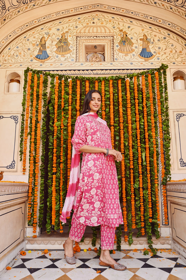 Pink Cotton Embroidered A Line Suit Set