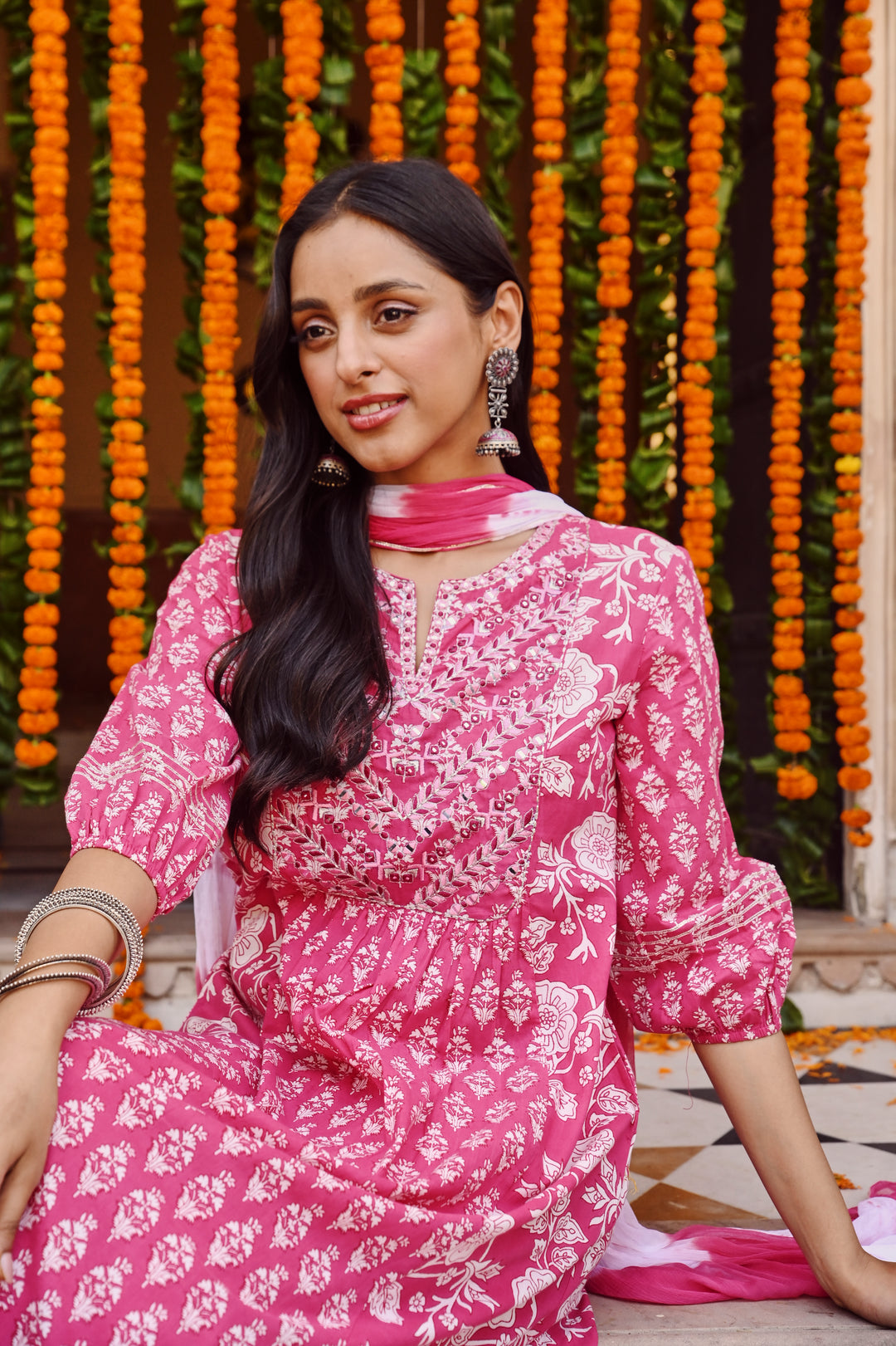 Pink Cotton Embroidered A Line Suit Set