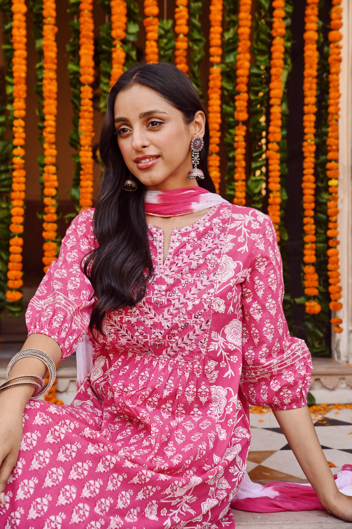 Pink Cotton Embroidered A Line Suit Set