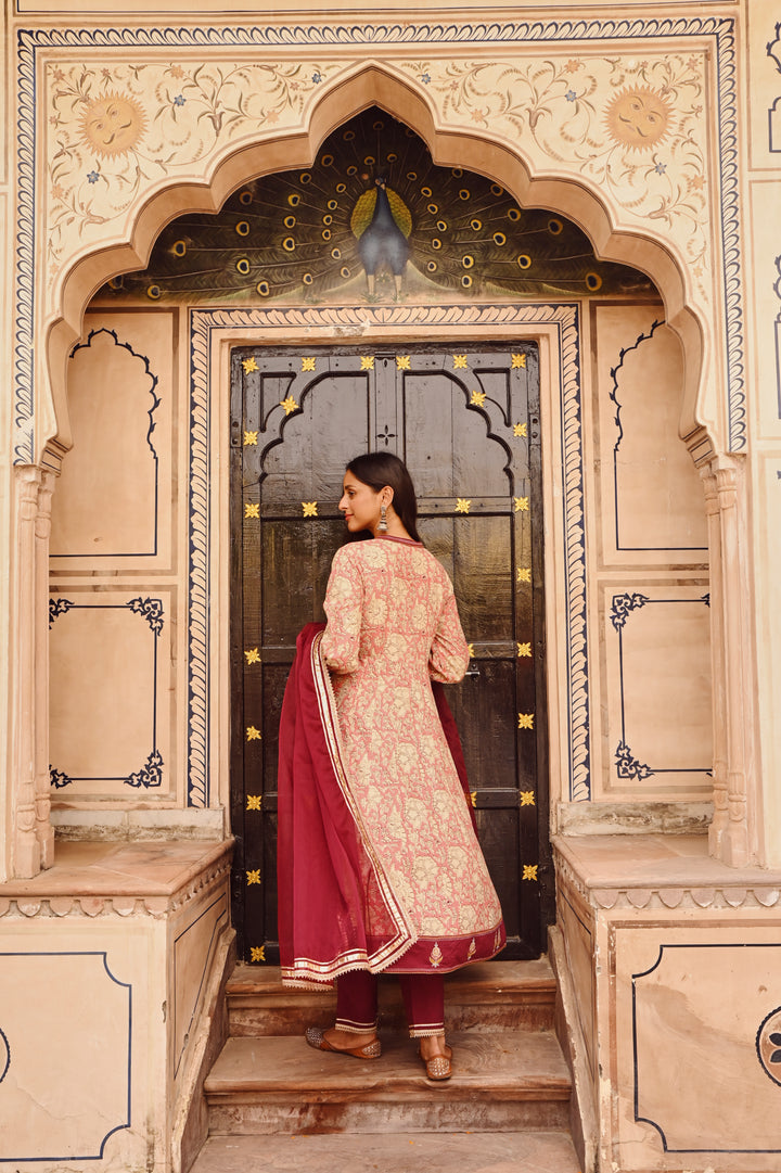 Rust Pure Cotton Floral Print Zari Work A-Line Kurta Pant Dupatta Set