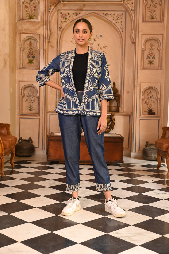 Dark Blue Heavy Embroidered Denim Jacket or Shrug