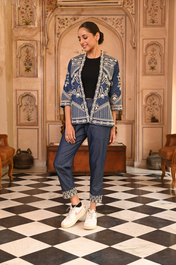 Dark Blue Heavy Embroidered Denim Jacket or Shrug