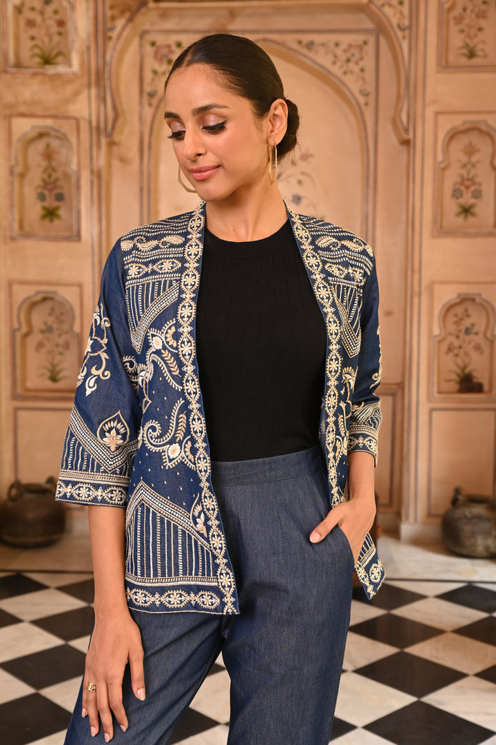 Dark Blue Heavy Embroidered Denim Jacket or Shrug