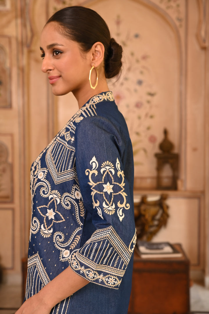 Dark Blue Heavy Embroidered Denim Jacket or Shrug