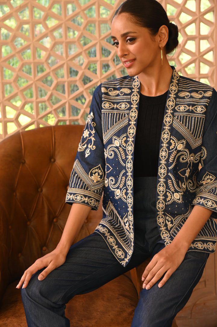 Dark Blue Heavy Embroidered Denim Jacket or Shrug