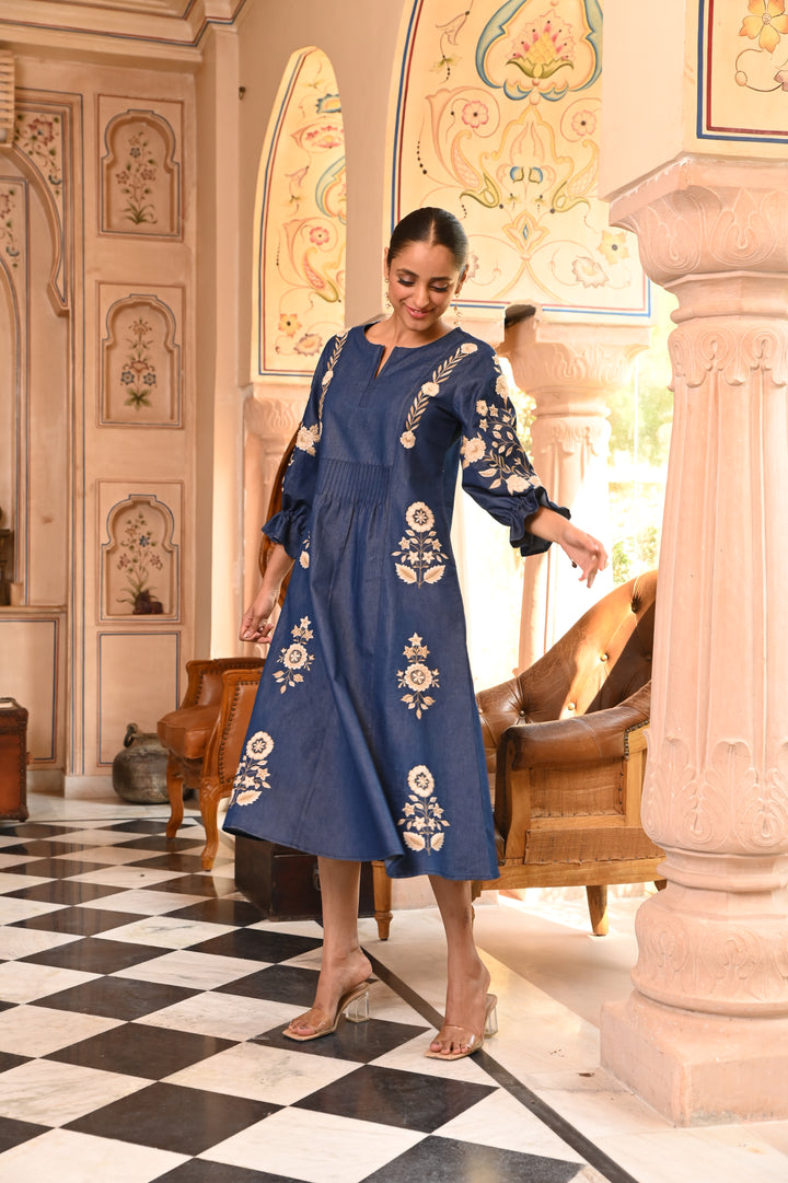Denim Dark Blue Embroidered Designer Midi Dress