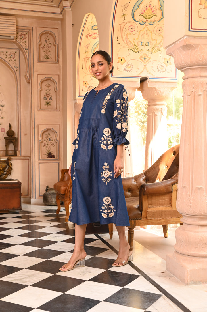 Denim Dark Blue Embroidered Designer Midi Dress