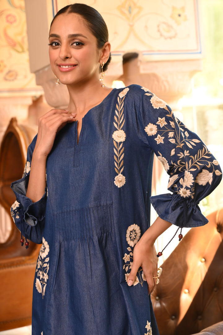 Denim Dark Blue Embroidered Designer Midi Dress