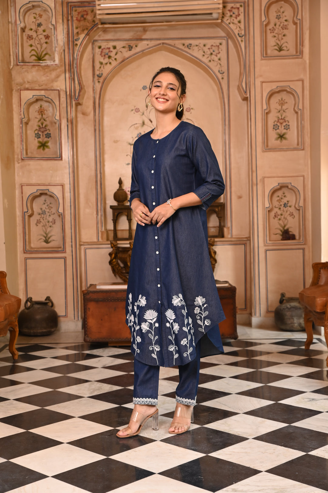 Dark Blue Denim Button Closure Designer Kurta