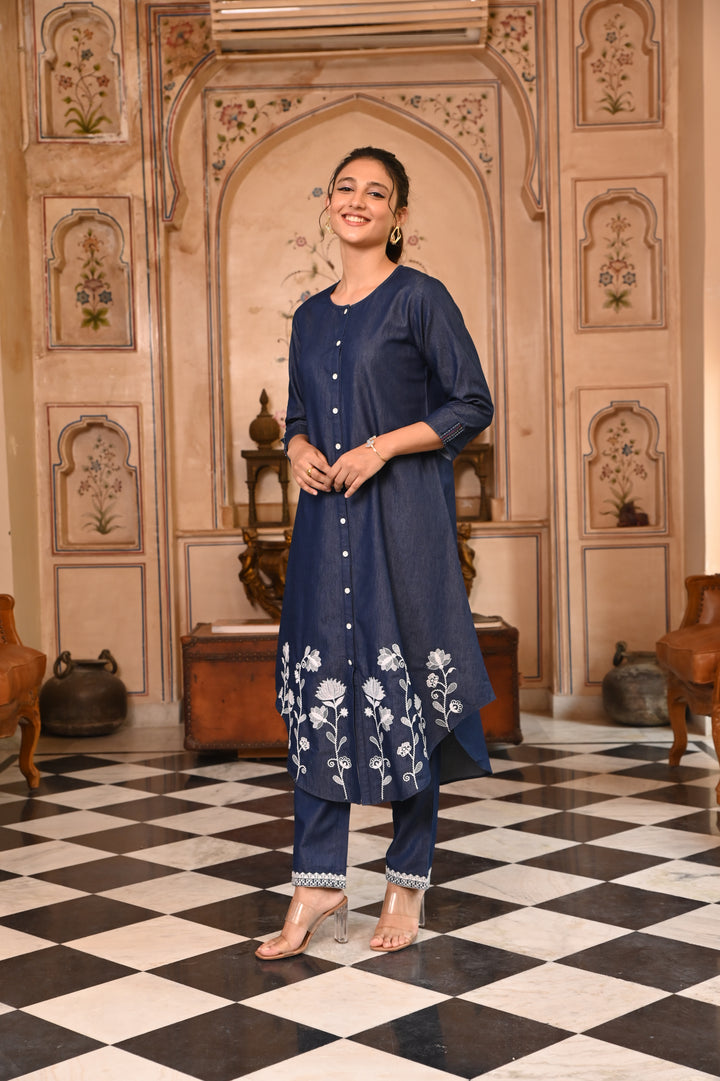 Dark Blue Denim Button Closure Designer Kurta